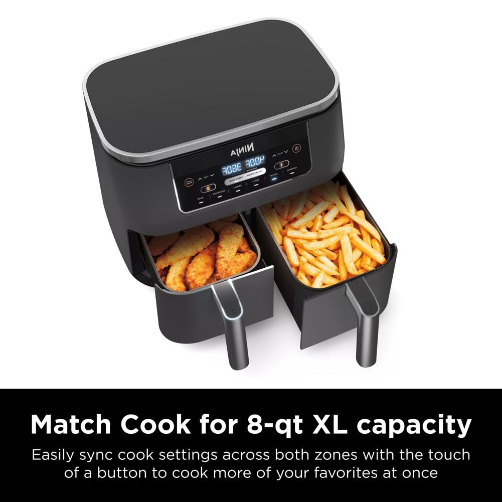 Ninja DZ201 Foodi 8 Quart 6-in-1 DualZone 2-Basket Air Fryer with 2 Independent Frying Baskets, Match Cook &amp; Smart Finish to Roast, Broil, Dehydrate &amp; More for Quick, Easy Meals, Grey