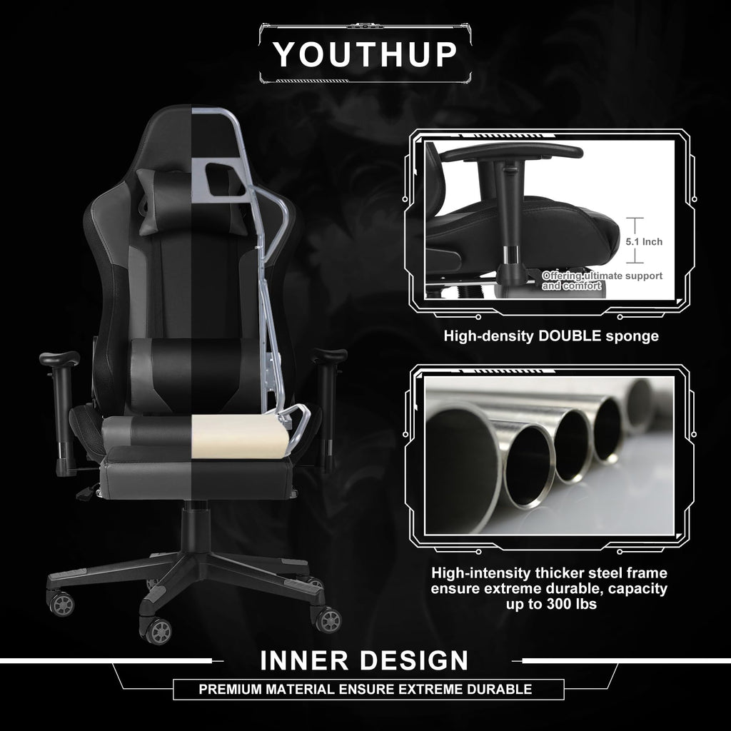 Gaming Chair with Speakers, Video Game Chair with RGB LED Lights, Footrest, Ergonomic Racing Computer Gaming Recliner Chair Swivel E-Sports Chair with Lumbar Support Headrest Armrest, Black