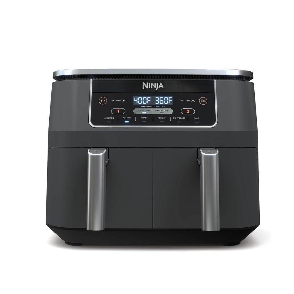 Ninja DZ201 Foodi 8 Quart 6-in-1 DualZone 2-Basket Air Fryer with 2 Independent Frying Baskets, Match Cook &amp; Smart Finish to Roast, Broil, Dehydrate &amp; More for Quick, Easy Meals, Grey