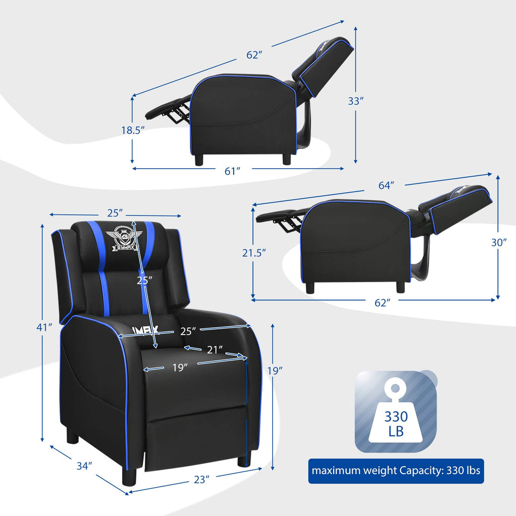 POWERSTONE Gaming Recliner Chair, Reclining Gaming Chair Ergonomic Leather Sofa with Footrest Lumbar Support Headrest and Side Pouch for Living Room Home Theater, Blue