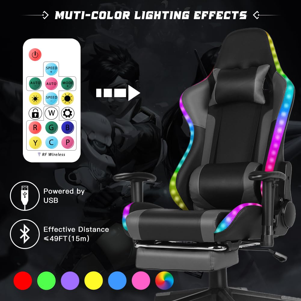 Gaming Chair with Speakers, Video Game Chair with RGB LED Lights, Footrest, Ergonomic Racing Computer Gaming Recliner Chair Swivel E-Sports Chair with Lumbar Support Headrest Armrest, Black