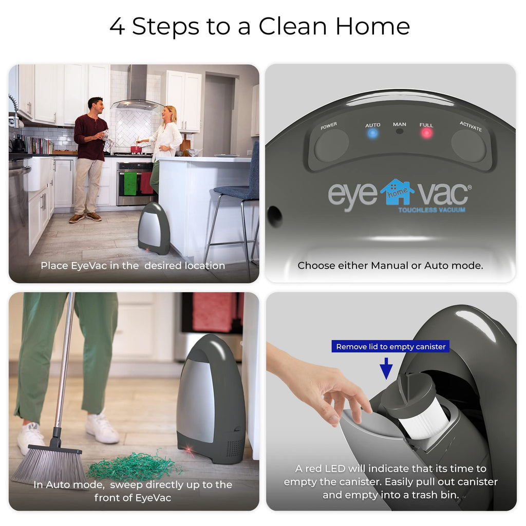 EyeVac Home Touchless Vacuum Automatic Dustpan - Great for Sweeping Salon Pet Hair Food Dirt Kitchen - Fast &amp; Powerful, Corded Canister Vacuum, Bagless, Automatic Sensors, 1000 Watt (Stone Silver)