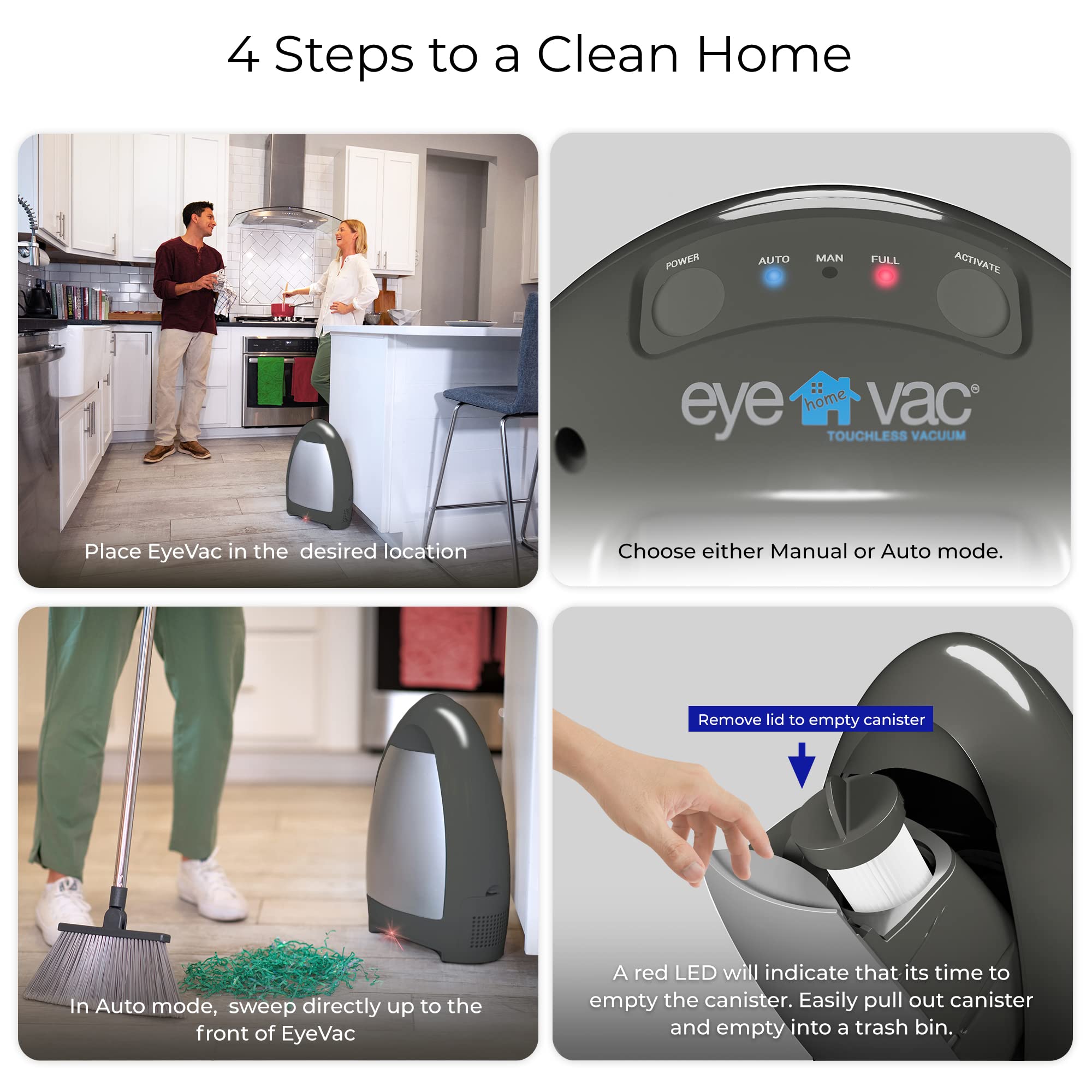 EyeVac Home Touchless Vacuum Automatic Dustpan - Great for Sweeping Salon Pet Hair Food Dirt Kitchen - Fast &amp; Powerful, Corded Canister Vacuum, Bagless, Automatic Sensors, 1000 Watt (Stone Silver)