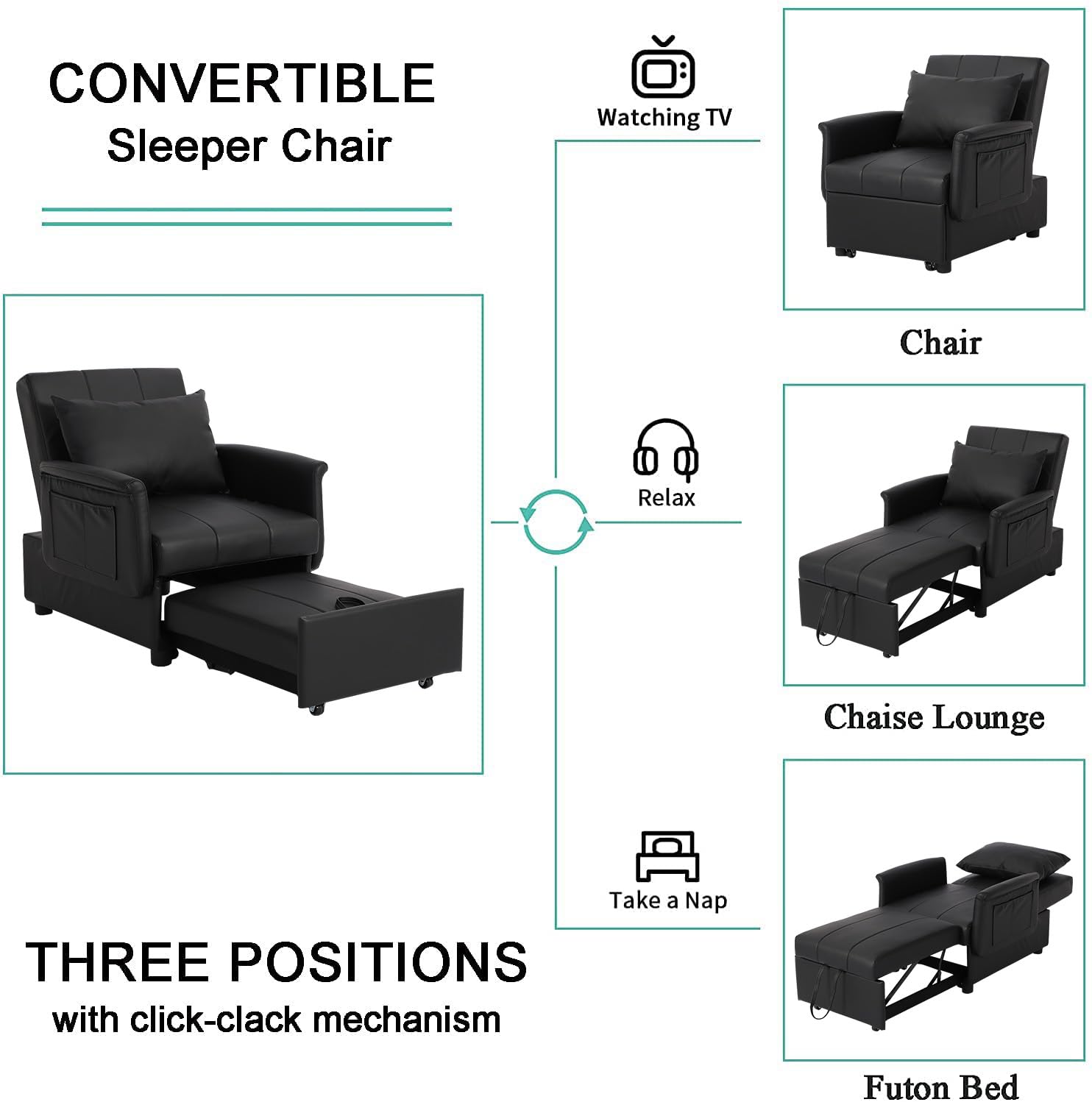 BINGTOO Sleeper Sofa Chair Bed 3 in 1 Convertible Multi-Function Folding Ottoman Sleeper, Pull Out Bed- Modern Couch for Living Room Black,ITSUKI108,26.4*40.9*16.5