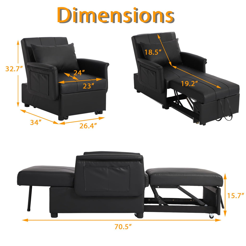 BINGTOO Sleeper Sofa Chair Bed 3 in 1 Convertible Multi-Function Folding Ottoman Sleeper, Pull Out Bed- Modern Couch for Living Room Black,ITSUKI108,26.4*40.9*16.5