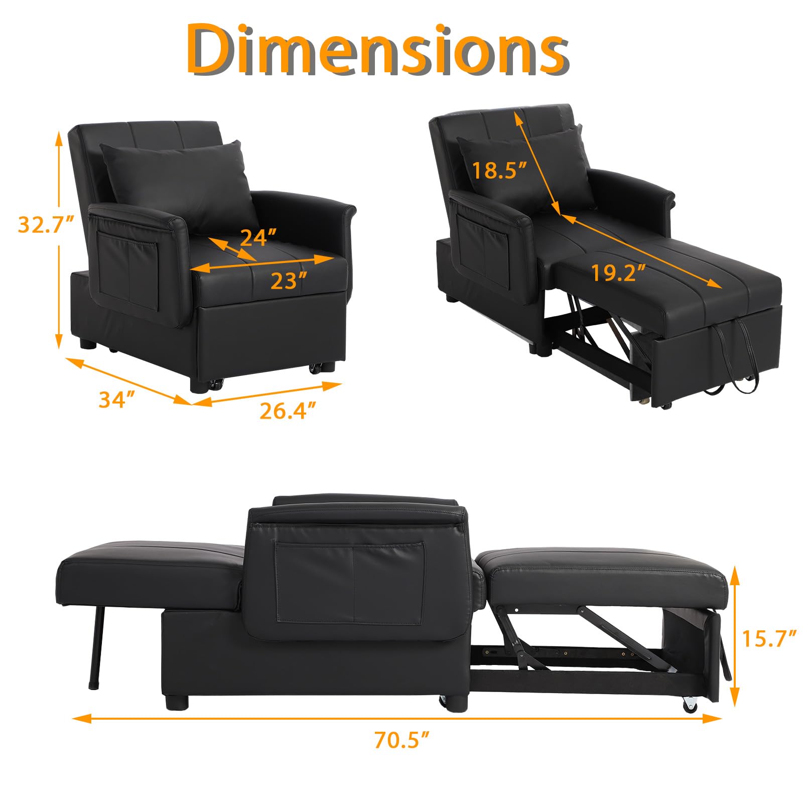 BINGTOO Sleeper Sofa Chair Bed 3 in 1 Convertible Multi-Function Folding Ottoman Sleeper, Pull Out Bed- Modern Couch for Living Room Black,ITSUKI108,26.4*40.9*16.5