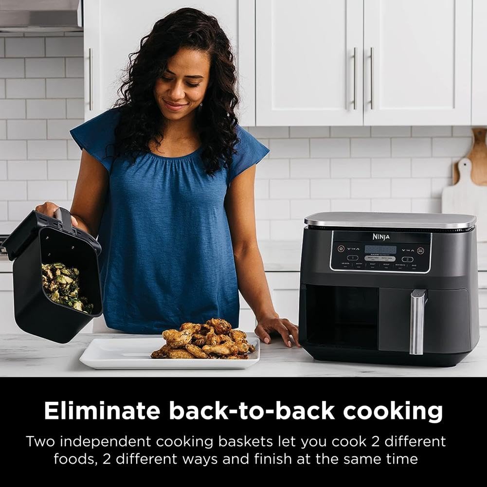 Ninja DZ201 Foodi 8 Quart 6-in-1 DualZone 2-Basket Air Fryer with 2 Independent Frying Baskets, Match Cook &amp; Smart Finish to Roast, Broil, Dehydrate &amp; More for Quick, Easy Meals, Grey