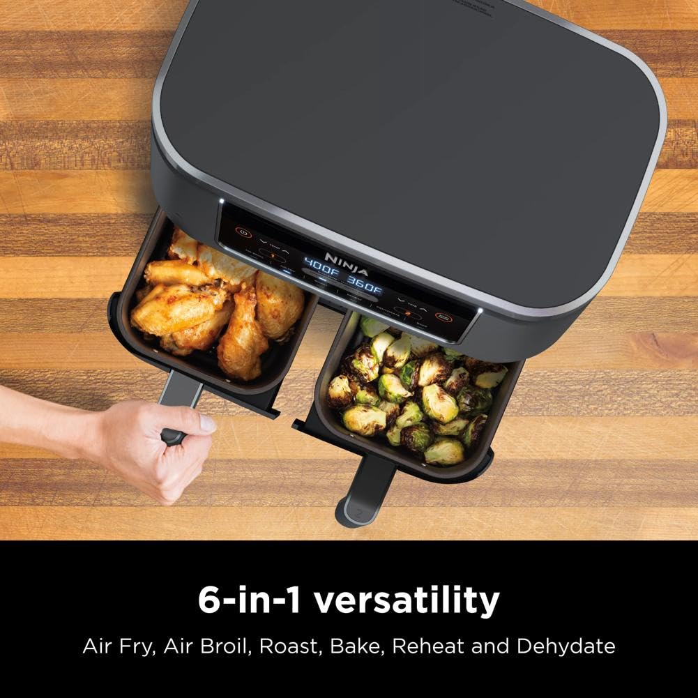 Ninja DZ201 Foodi 8 Quart 6-in-1 DualZone 2-Basket Air Fryer with 2 Independent Frying Baskets, Match Cook &amp; Smart Finish to Roast, Broil, Dehydrate &amp; More for Quick, Easy Meals, Grey