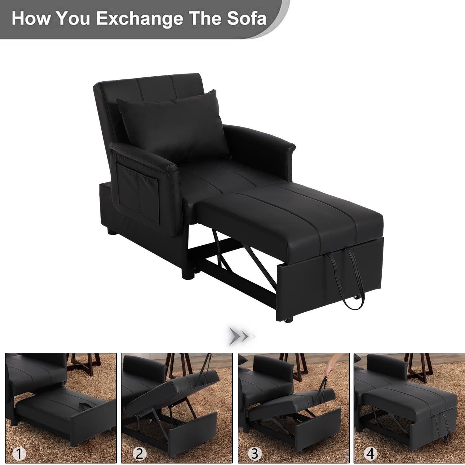 BINGTOO Sleeper Sofa Chair Bed 3 in 1 Convertible Multi-Function Folding Ottoman Sleeper, Pull Out Bed- Modern Couch for Living Room Black,ITSUKI108,26.4*40.9*16.5