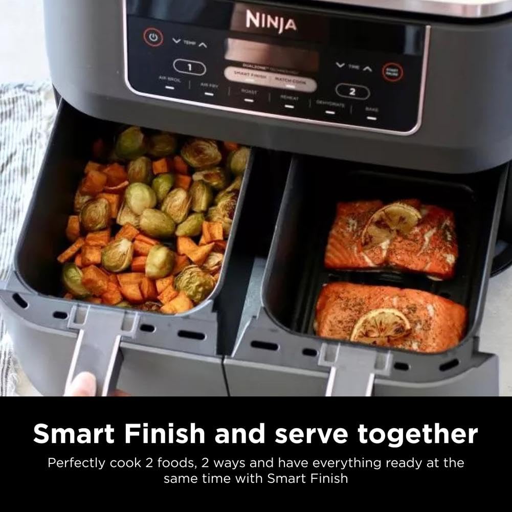 Ninja DZ201 Foodi 8 Quart 6-in-1 DualZone 2-Basket Air Fryer with 2 Independent Frying Baskets, Match Cook &amp; Smart Finish to Roast, Broil, Dehydrate &amp; More for Quick, Easy Meals, Grey
