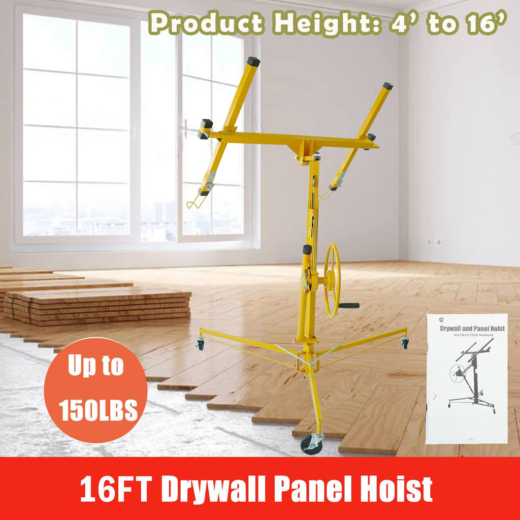 16FT Drywall Lifter Panel Hoist Dry Wall Rolling Caster Lifter Construction Tool 150LB Heavy Duty Sheetrock Hoist Holder (Yellow)