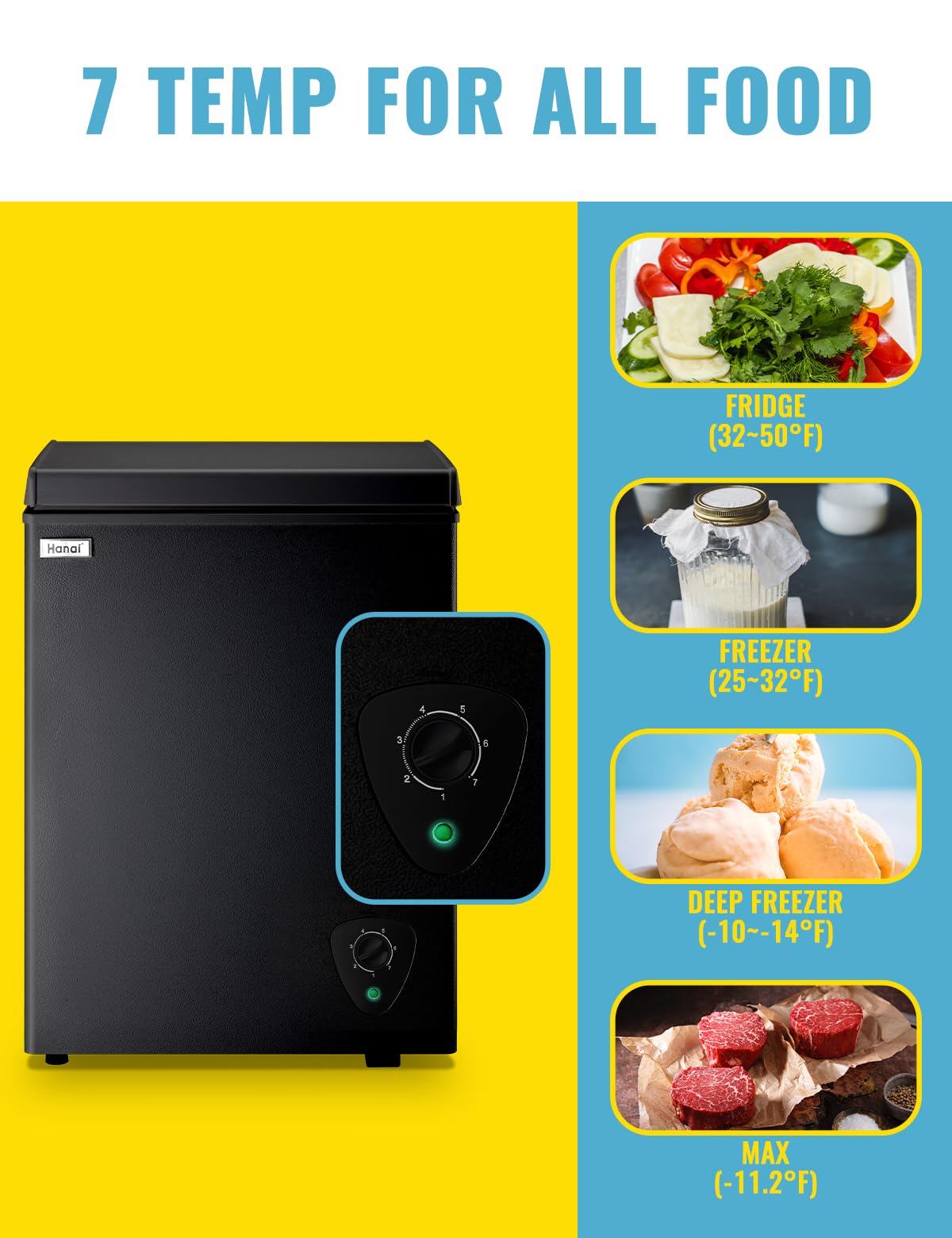 Chest Freezer 3.5 CU.FT WANAI Deep Freezers Compact Mini Freezer 7 Temperature Control Low noise with Removable Basket for Dorm Apartment Home Kitchen
