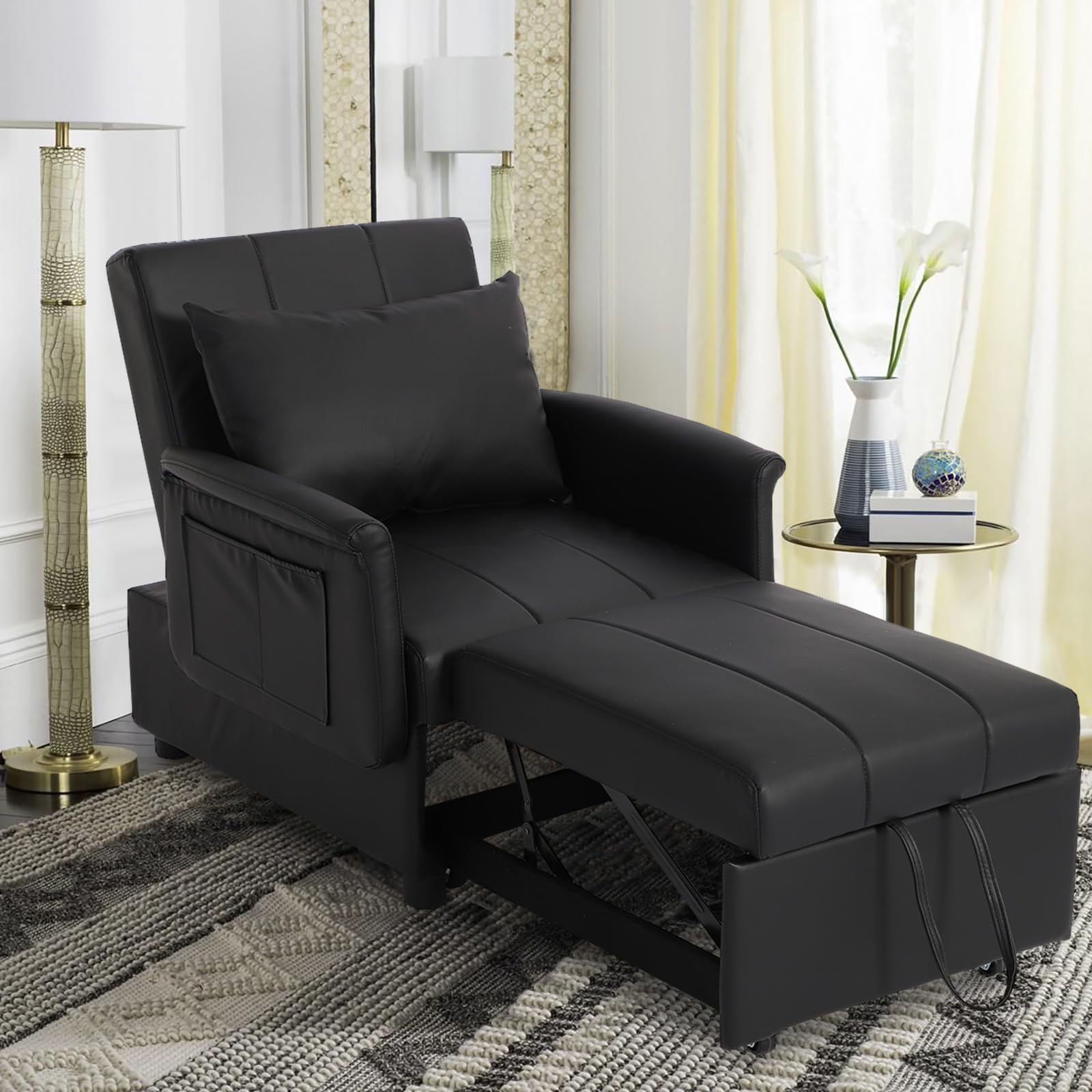 BINGTOO Sleeper Sofa Chair Bed 3 in 1 Convertible Multi-Function Folding Ottoman Sleeper, Pull Out Bed- Modern Couch for Living Room Black,ITSUKI108,26.4*40.9*16.5