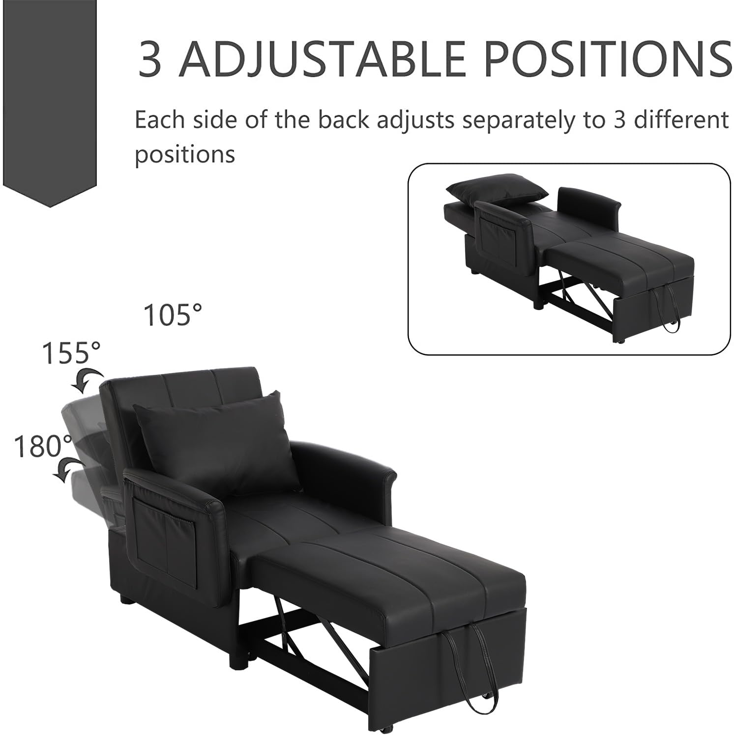 BINGTOO Sleeper Sofa Chair Bed 3 in 1 Convertible Multi-Function Folding Ottoman Sleeper, Pull Out Bed- Modern Couch for Living Room Black,ITSUKI108,26.4*40.9*16.5