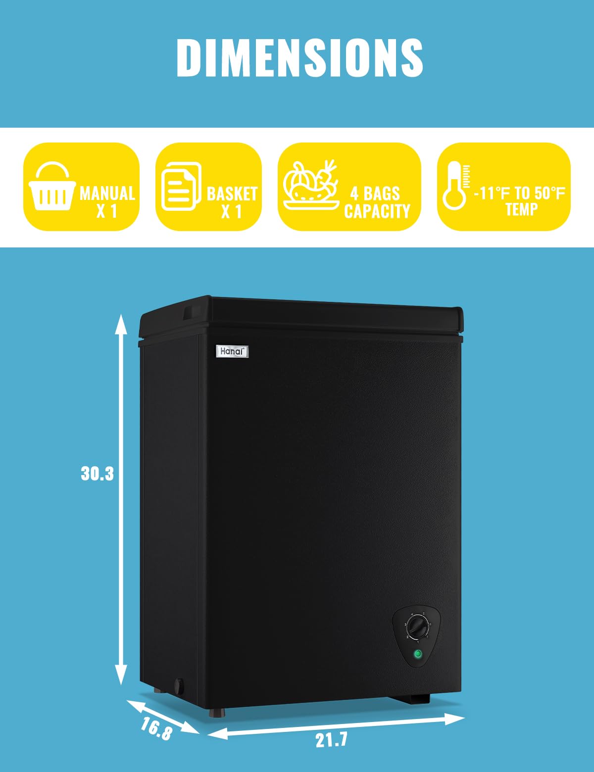 Chest Freezer 3.5 CU.FT WANAI Deep Freezers Compact Mini Freezer 7 Temperature Control Low noise with Removable Basket for Dorm Apartment Home Kitchen