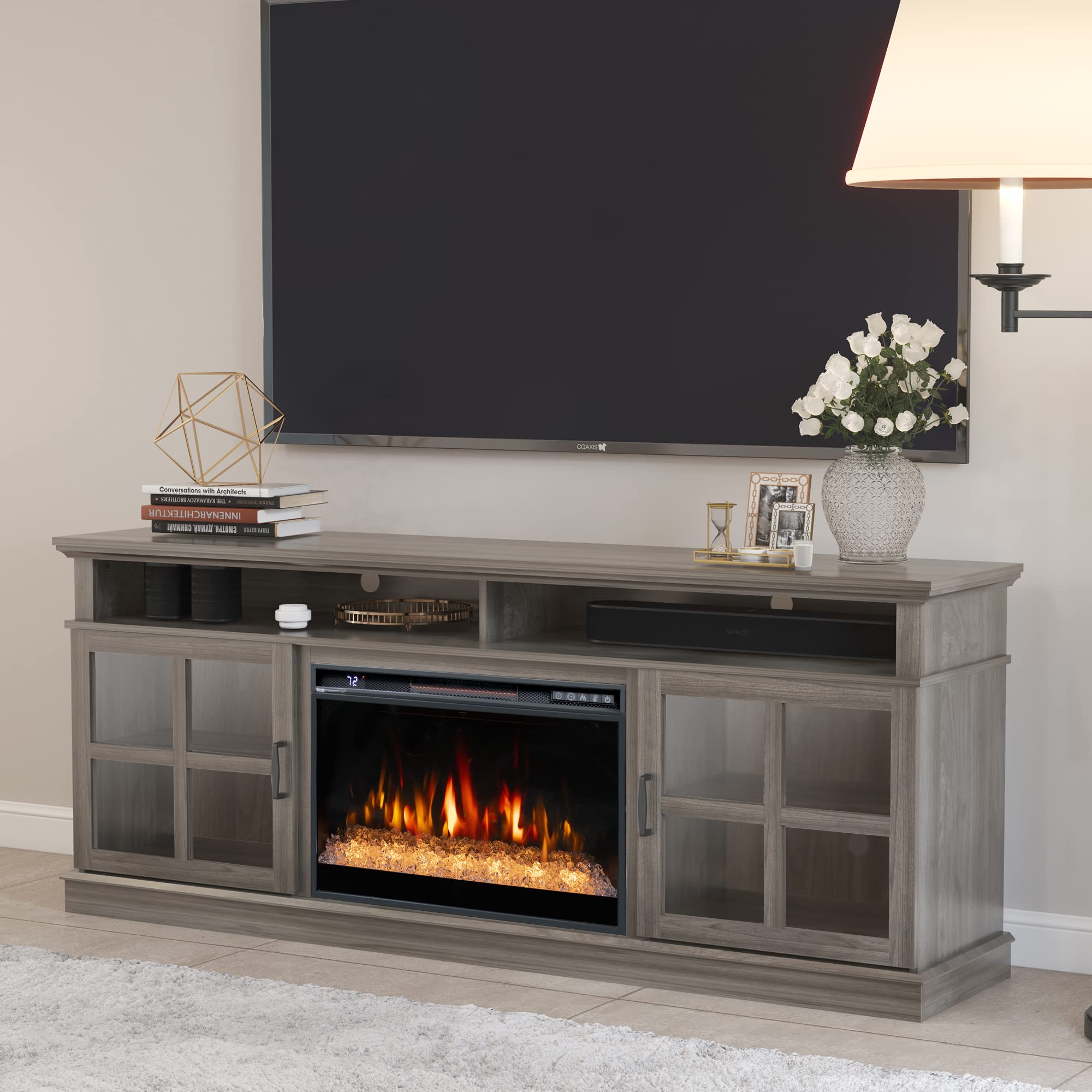 Oxhark Flame 72" Fireplace TV Stand for TVs Up to 80", Entertainment Center with 26" Electric Fireplace, 5 Flame Colors Control with Remote, Modern Farmhouse Cabinet Console Glass Door, Grey