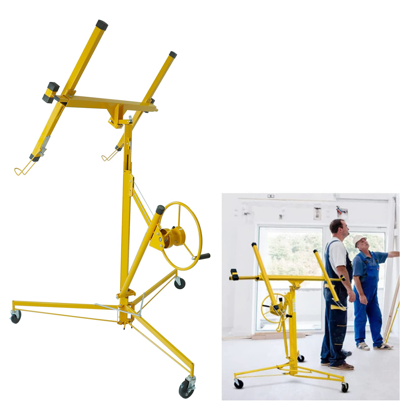 16FT Drywall Lifter Panel Hoist Dry Wall Rolling Caster Lifter Construction Tool 150LB Heavy Duty Sheetrock Hoist Holder (Yellow)